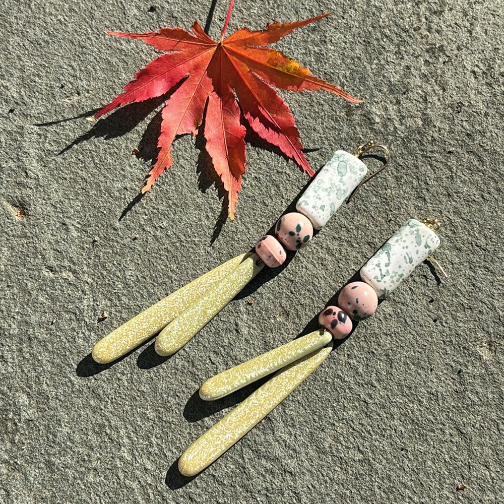 Elegant Pink and Gold Splatter Paint Pearlescent Elongated Bead Dangle Earrings